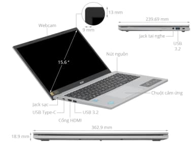 Laptop Acer Aspire Go AG15 31P 30M4 - NX.KRPSV.004 (i3 N305, 8GB, 256GB, Full HD, Win11) - 8