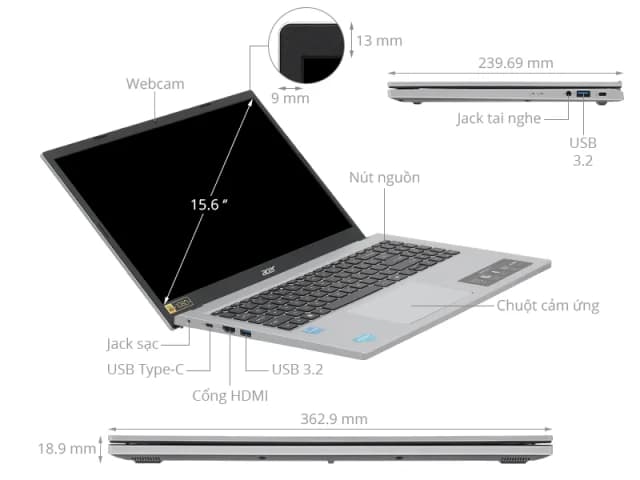 Laptop Acer Aspire Go AG15 31P 30M4 - NX.KRPSV.004 (i3 N305, 8GB, 256GB, Full HD, Win11) - 8