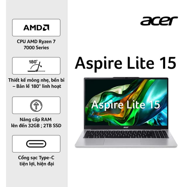 Laptop Acer Aspire Lite 15 AL15 42P R08M - NX.D3QSV.001 (R7 7730U, 16GB, 512GB, Full HD, OfficeH24+365, Win11) - 14