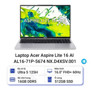 Laptop Acer Aspire Lite 16 AI AL16 71P 5674 - NX.D4XSV.001 (Ultra 5 125H, 16GB, 512GB, Full HD+, Win11) - 13