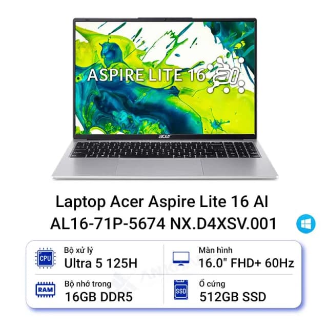 Laptop Acer Aspire Lite 16 AI AL16 71P 5674 - NX.D4XSV.001 (Ultra 5 125H, 16GB, 512GB, Full HD+, Win11) - 13