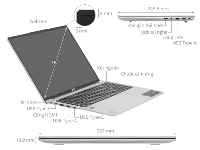 Laptop Acer Aspire Lite 16 AI AL16 71P 5674 - NX.D4XSV.001 (Ultra 5 125H, 16GB, 512GB, Full HD+, Win11) - 6