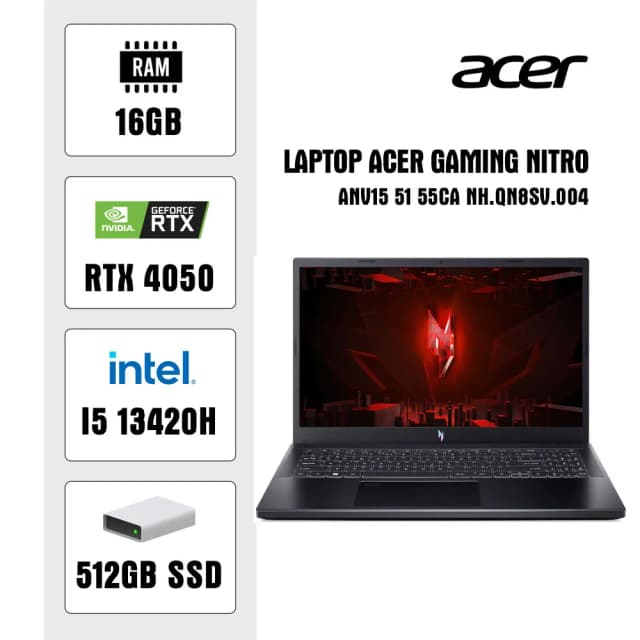 Laptop Acer Gaming Nitro V ANV15 51 55CA - NH.QN8SV.004 (i5 13420H, 16GB, 512GB, RTX 4050 6GB, Full HD 144Hz, Win11) - 15