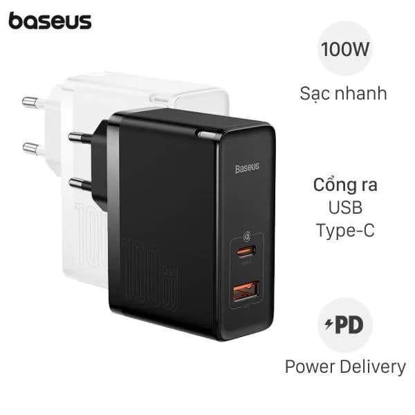 Bộ sạc nhanh 2 cổng USB Type-C QC3.0 PD 100W Baseus CCGAN100E5 kèm Cáp Type C - Type C - Ảnh 2