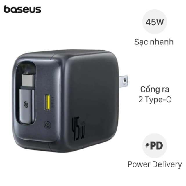 Sạc nhanh 2 cổng Type-C PD 45W Baseus EnerCore CJ11 E0120C kèm cáp dây rút Type C - Ảnh 9