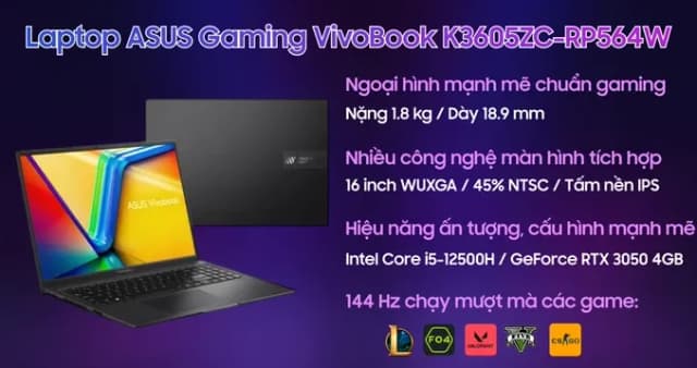 Laptop Asus Gaming Vivobook K3605VC - RP364W (i5 13420H, 16GB, 512GB, RTX 3050 4GB, WUXGA 144Hz, Win11) - 14