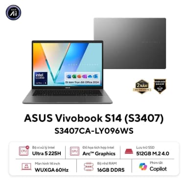 Laptop Asus Vivobook S14 S3407CA - LY095WS (Ultra 5 225H, 16GB, 512GB, WUXGA, OfficeH24+365, Win11) - 12