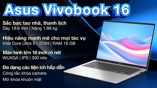 Laptop Asus Vivobook 16 A1607CA - MB038WS (Ultra 5 225H, 16GB, 512GB, WUXGA, OfficeH24+365, Win11) - 2