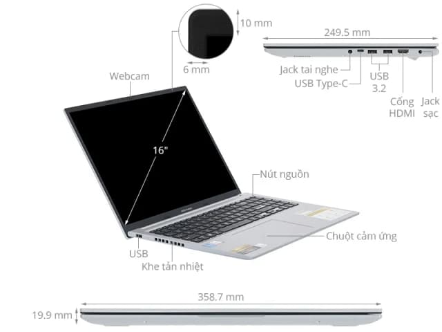Laptop Asus Vivobook 16 X1605VA - MB1876WS (i5 13420H, 16GB, 512GB, WUXGA, OfficeH24+365, Win11) - 6