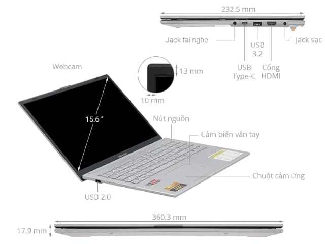 Laptop Asus Vivobook Go 15 E1504FA - NJ776W (R5 7520U, 16GB, 512GB, Full HD, Win11) - 14