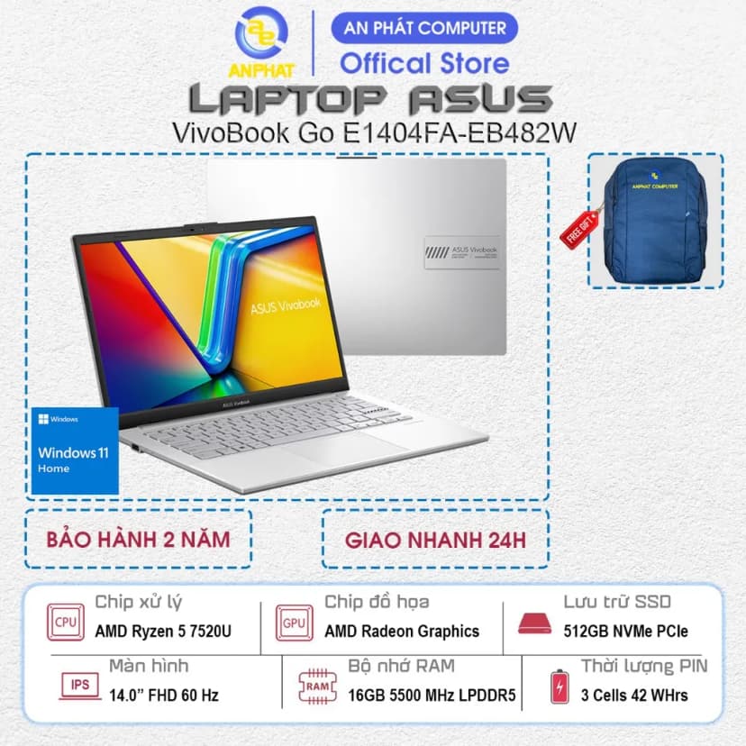 Laptop Asus Vivobook Go E1404FA - EB482W (R5 7520U, 16GB, 512GB, Full HD, Win11) - Giá rẻ nhất hôm nay - Ảnh 9