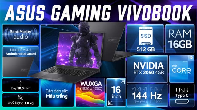Laptop Asus Gaming Vivobook K3605ZF - RP745W (i5 12500H, 16GB, 512GB, RTX 2050 4GB, WUXGA 144Hz, Win11) - 5