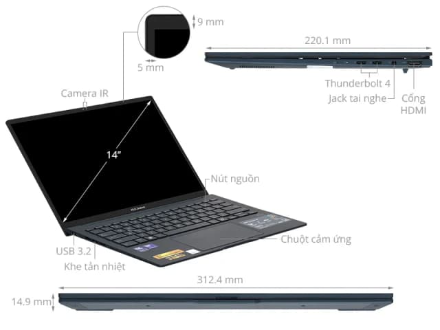 Laptop Asus Zenbook 14 UX3405CA - PZ187WS (Ultra 5 225H, 16GB, 512GB, 2.8K OLED 120Hz, Cảm ứng, OfficeH24+365, Win11) - 5