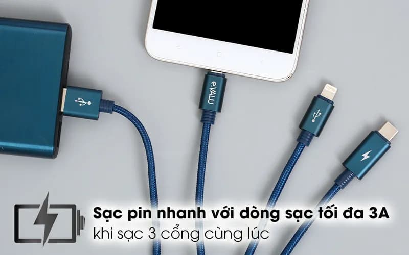 Cáp sạc và truyền dữ liệu 3 đầu USB-A - Type-C Lightning Micro USB 15W 1m eValu Spanker B 2 - Giá rẻ nhất hôm nay - Ảnh 5