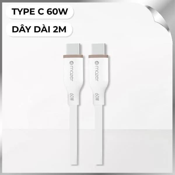 Cáp sạc nhanh và truyền dữ liệu Type-C - Type-C 60W 2.0m Mazer M-FLEX-C265-WH - Giá rẻ nhất hôm nay - Ảnh 1