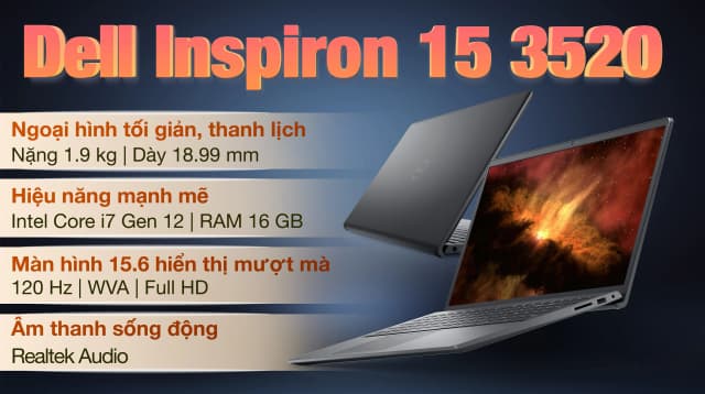 Laptop Dell Inspiron 15 3520 - N3520-i7U165W11BLU-FP (i7 1255U, 16GB, 512GB, Full HD 120Hz, OfficeHS, Win11) - 2
