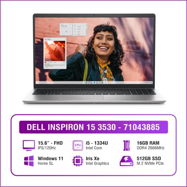 Laptop Dell Inspiron 15 3530 - 71053696 (i5 1334U, 16GB, 512GB, Full HD 120Hz, OfficeH24+365, KYHD, Win11) - 17