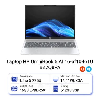 Laptop HP OmniBook 5 AI 16 af1046TU - BZ7Q8PA (Ultra 5 225U, 16GB, 512GB, WUXGA, Cảm ứng, OfficeH24, Win11) - 14