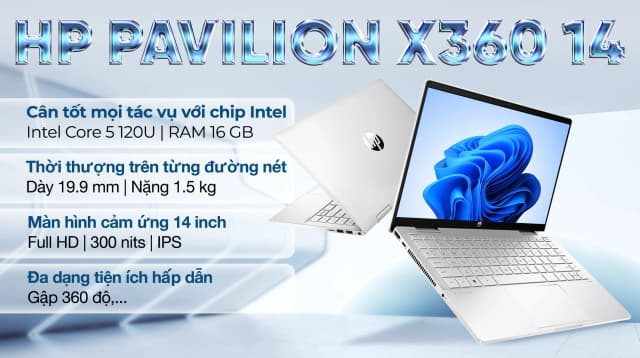 Laptop HP Pavilion X360 14 ek2017TU - 9Z2V5PA (Core 5 120U, 16GB, 512GB, Full HD, Cảm ứng, Win11) - 9