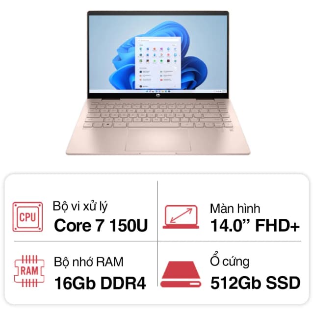 Laptop HP Pavilion X360 14 ek2027TU - 9Z2V9PA (Core 7 150U, 16GB, 512GB, Full HD, Cảm ứng, Win11) - 14