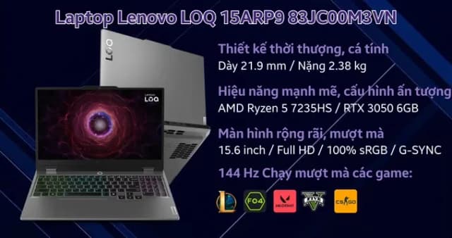 Laptop Lenovo Gaming LOQ 15ARP9 - 83JC00M3VN (R5 7235HS,16GB, 1TB, RTX 3050 6GB, Full HD 144Hz, Win11) - 14