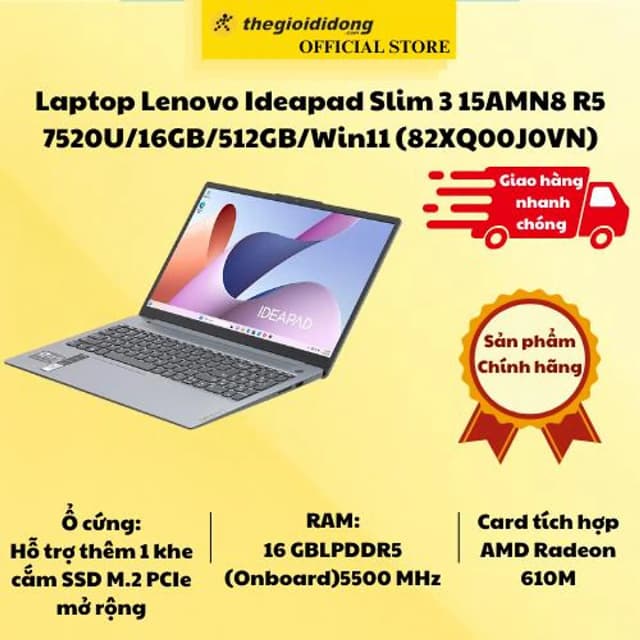 Laptop Lenovo Ideapad Slim 3 15AMN8 - 82XQ00J0VN (R5 7520U, 16GB, 512GB, Full HD, Win11) - 13
