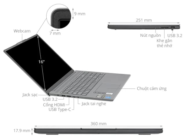 Laptop Lenovo Ideapad Slim 3 16IRH10 - 83K20003VN (i5 13420H, 24GB, 512GB, WUXGA, Win11) - 11
