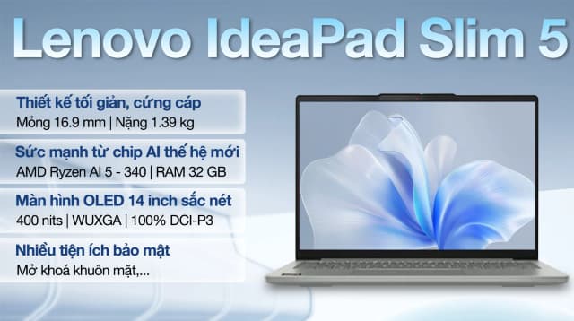 Laptop Lenovo IdeaPad Slim 5 OLED 14AKP10 - 83HX0065VN (R5 AI 340, 32GB, 512GB, WUXGA OLED, Win11) - 3
