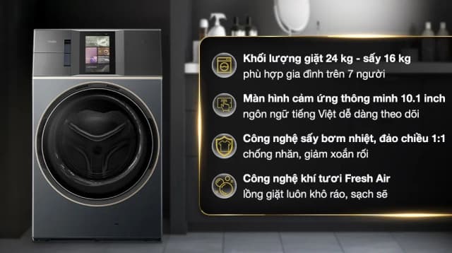 So sánh giá Máy giặt sấy Haier L+ Inverter giặt 24 kg - sấy 16 kg HWD240-BD12LU1L(GN) rẻ nhất? - Ảnh 3
