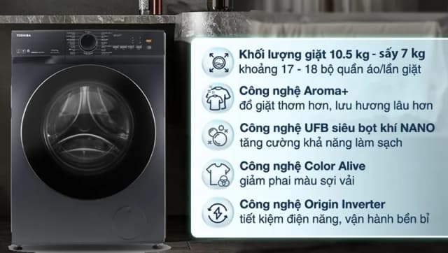 So sánh giá Máy giặt sấy Toshiba Inverter giặt 10.5 kg - sấy 7 kg TWD-T21BU115UWV(MG) rẻ nhất? - Ảnh 17