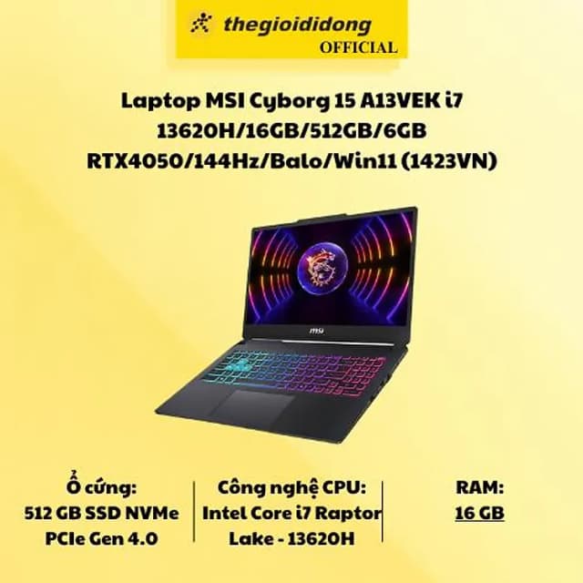 Laptop MSI Gaming Cyborg 15 A13VEK - 1423VN (i7 13620H, 16GB, 512GB, RTX 4050 6GB, Full HD 144Hz, Win11) - 20