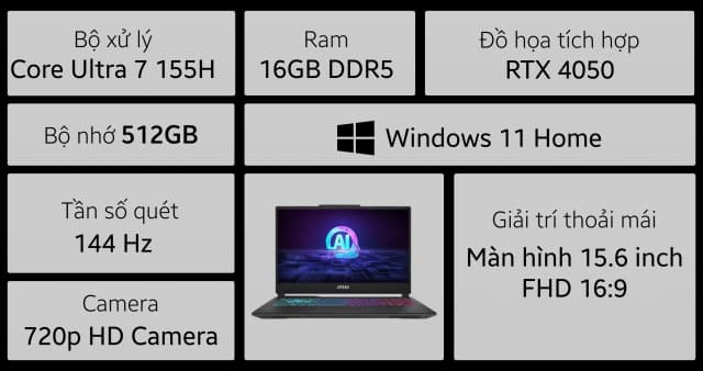 Laptop MSI Gaming Cyborg 15 AI A1VEK - 053VN (Ultra 7 155H, 16GB, 512GB, RTX 4050 6GB, Full HD 144Hz, Win11) - 19