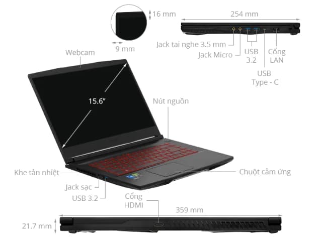 Laptop MSI Gaming GF63 Thin 12VE - 460VN (i5 12450H, 8GB, 512GB, RTX 4050 6GB, Full HD 144Hz, Win11) - 19