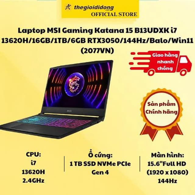 Laptop MSI Gaming Katana 15 B13UDXK - 2077VN (i7 13620H, 16GB, 1TB, RTX 3050 6GB, Full HD 144Hz, Win11) - 13