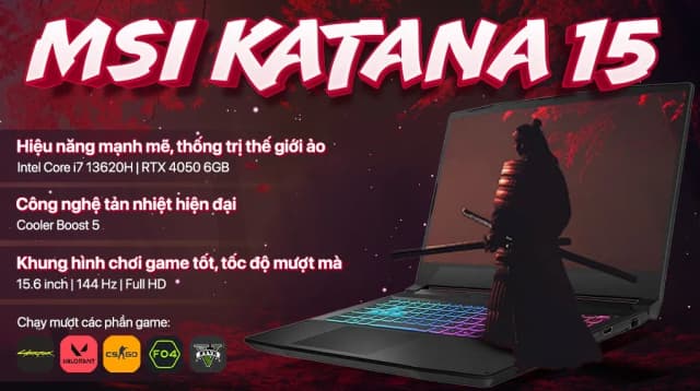 Laptop MSI Gaming Katana 15 B13VEK - 2256VN (i7 13620H, 16GB, 512GB, RTX4050 6GB, Full HD 144Hz, Win11) - 15