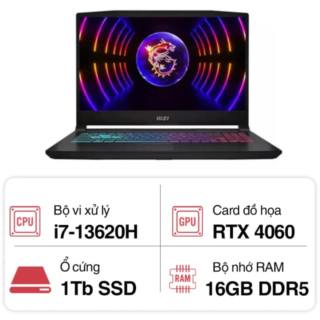 Laptop MSI Gaming Katana 15 B13VEK - 2256VN (i7 13620H, 16GB, 512GB, RTX4050 6GB, Full HD 144Hz, Win11) - 17