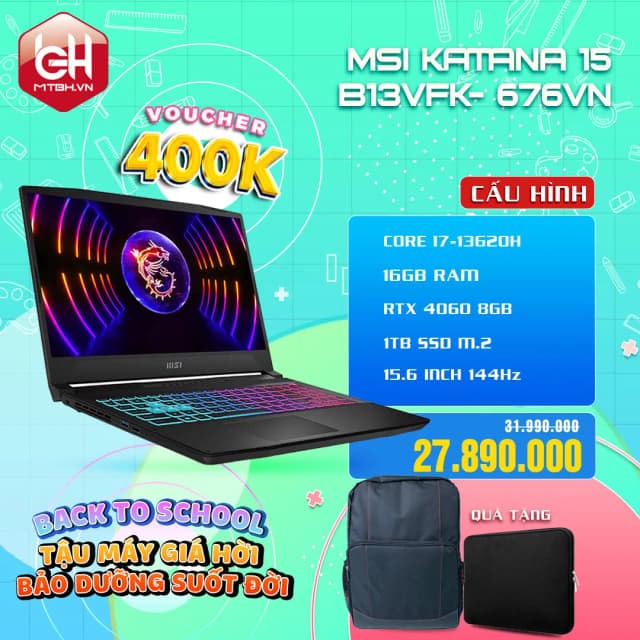 Laptop MSI Gaming Katana 15 B13VFK - 676VN (i7 13620H, 16GB, 1TB, RTX 4060 8GB, Full HD 144Hz, Win11) - 16