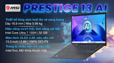 Laptop MSI Prestige 13 AI Evo A1MG - 062VN (Ultra 7 155H, 32GB, 1TB, 2.8K OLED, Win11) - 9