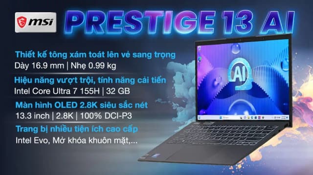Laptop MSI Prestige 13 AI Evo A1MG - 062VN (Ultra 7 155H, 32GB, 1TB, 2.8K OLED, Win11) - 9