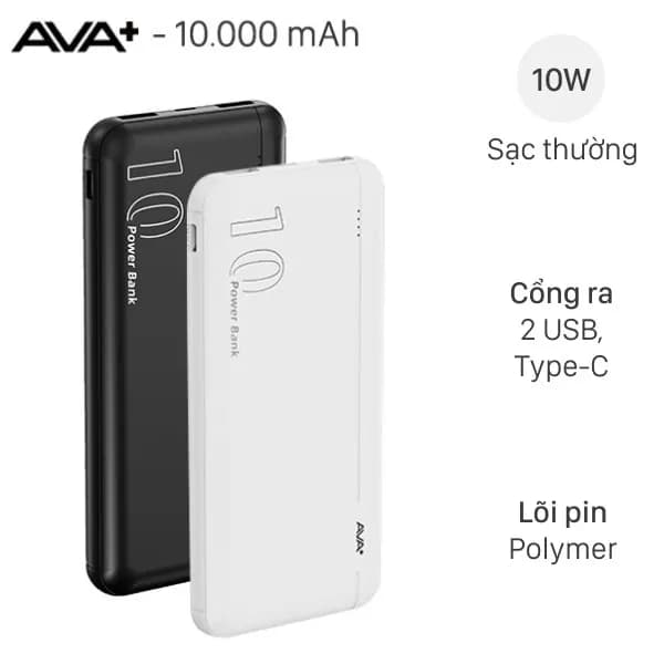 Pin sạc dự phòng Polymer 10000mAh Type C 10W AVA+ PB100S - Ảnh 2