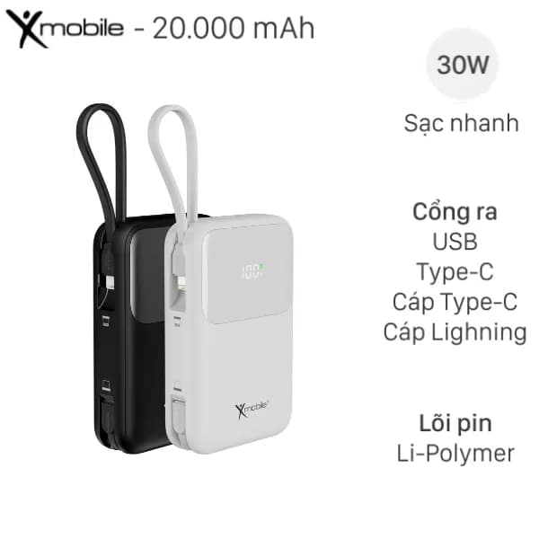 So sánh giá Pin sạc dự phòng Polymer 20000mAh Type C PD QC 3.0 30W Xmobile JP313 kèm Cáp Lightning và Type C rẻ nhất? - Ảnh 2