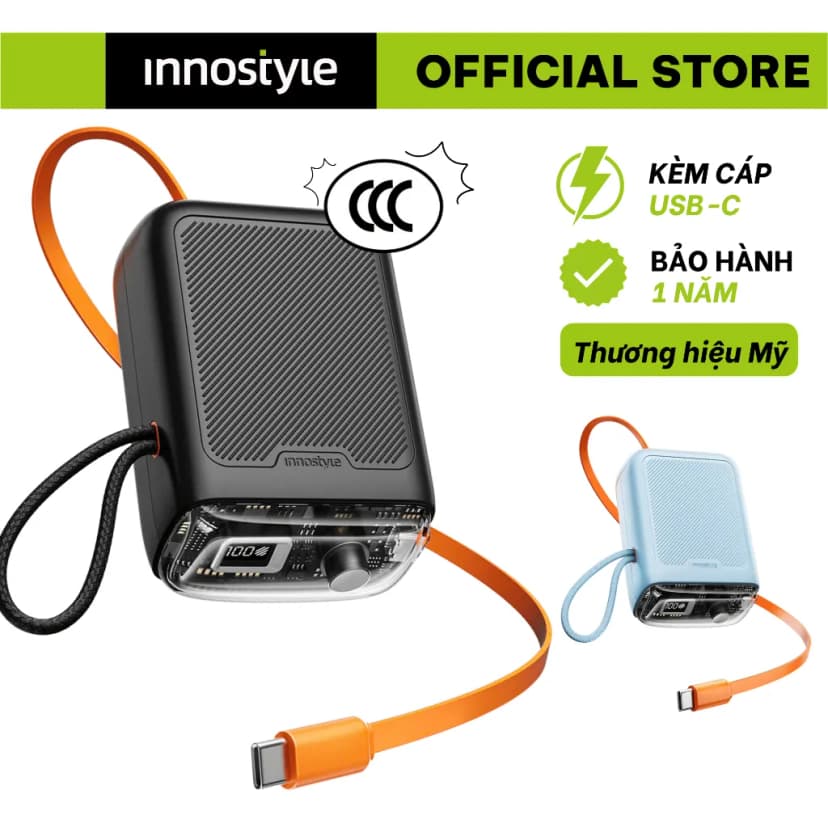 Pin sạc dự phòng Polymer 10000 mAh Type C PD 30W Innostyle TM31BB kèm cáp Type C - Xanh - Giá rẻ nhất hôm nay - Ảnh 1