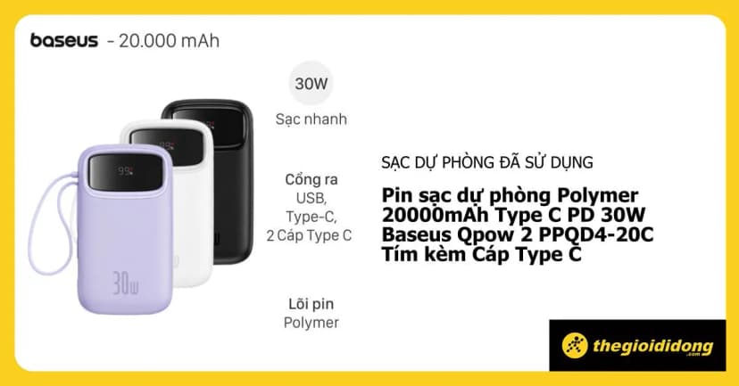 Pin sạc dự phòng Polymer 20000mAh Type C PD 30W Baseus Qpow 2 PPQD4-20C kèm Cáp Type C - Giá rẻ nhất hôm nay - Ảnh 9