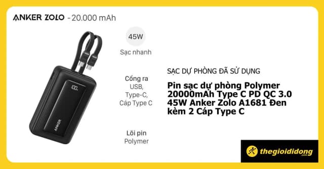 So sánh giá Pin sạc dự phòng Polymer 20000mAh Type C PD QC 3.0 45W Anker Zolo A1681 kèm 2 Cáp Type C rẻ nhất? - Ảnh 12