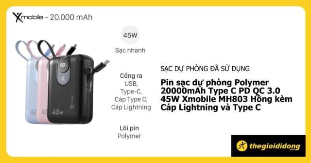 So sánh giá Pin sạc dự phòng Polymer 20000mAh Type C PD QC 3.0 45W Xmobile MH803 kèm Cáp Lightning và Type C rẻ nhất? - Ảnh 7