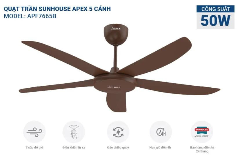 Quạt trần Sunhouse Apex 5 cánh APF7665B 50W - Giá rẻ nhất hôm nay - Ảnh 3