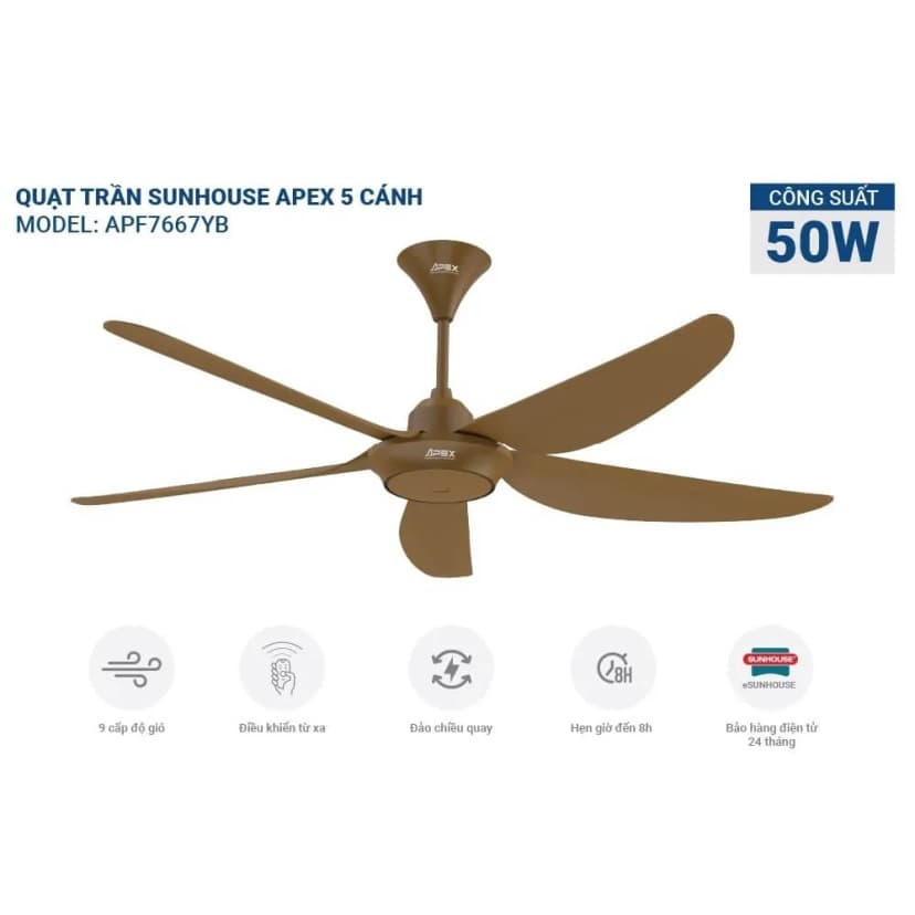 Quạt trần Sunhouse Apex 5 cánh APF7665B 50W - Giá rẻ nhất hôm nay - Ảnh 6