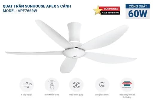 So sánh giá Quạt trần Sunhouse Apex 5 cánh APF7669W 60W rẻ nhất? - Ảnh 2