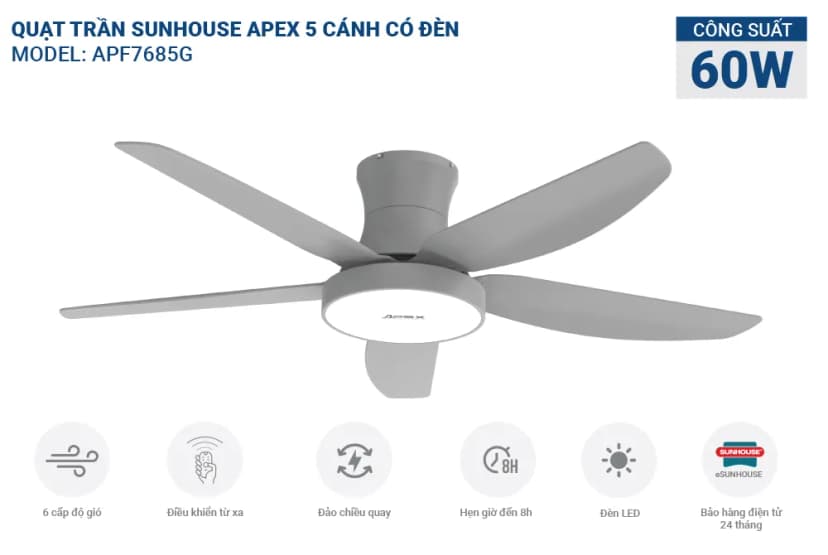 Quạt trần Sunhouse Apex 5 cánh APF7685G 60W - Giá rẻ nhất hôm nay - Ảnh 3