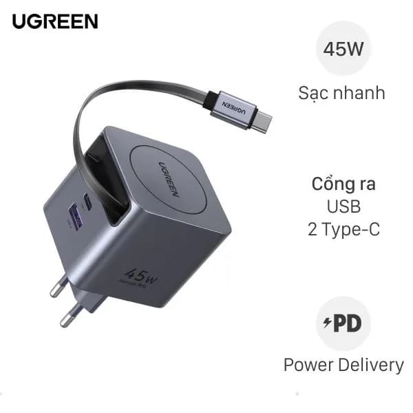 Sạc nhanh 3 cổng USB Type-C PD 45W Ugreen Nexode Pro X614 kèm cáp dây rút Type C - Ảnh 11